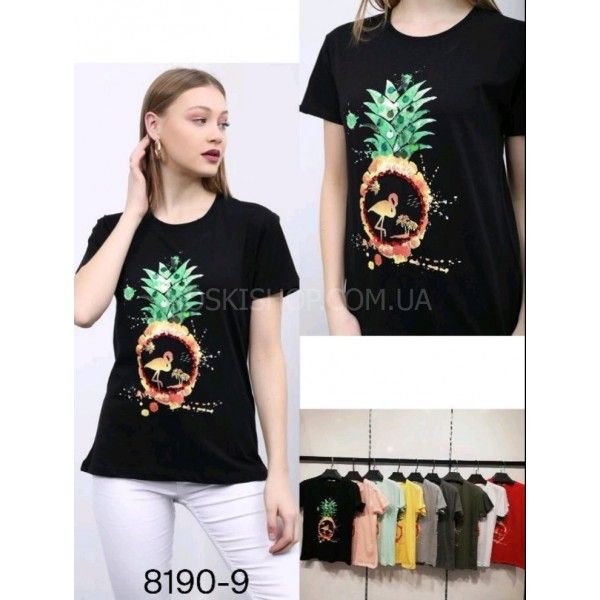 Розпродаж!!! Футболка жіноча Турція 8190-9 (ананас з камінчиками і паєтками) cotton р. S, m, l, xl -(44-46, 46-48, 48-50, 50-52) -(рожева, жовта)