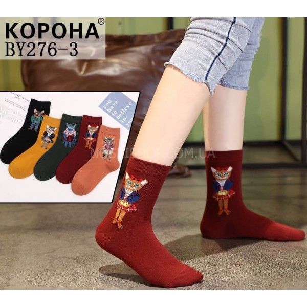 Шкарпетки "Корона" BY276-3 стрейч/бавовна жін, р. 37-42 -асорті -(однотонні +різні великі кішечки) -уп. 10 шт