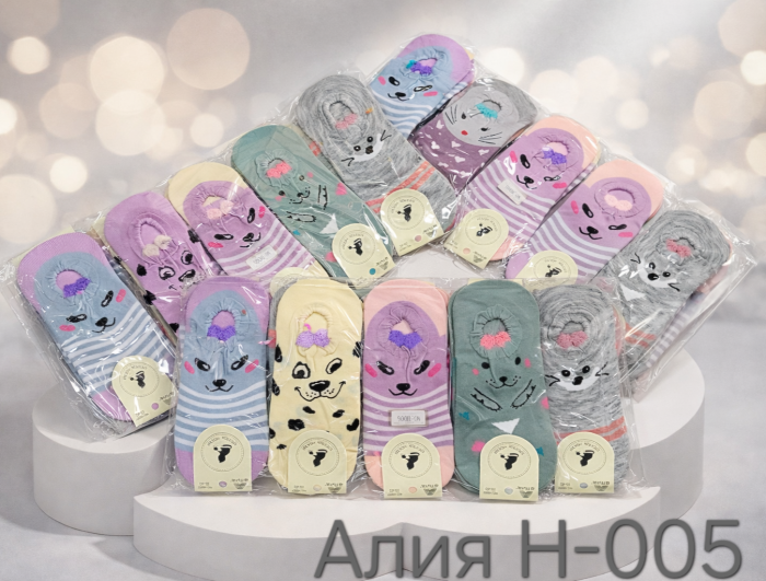 Шкарпетки "Алия" Н-005 стрейч жіночі, р. 35-40 -випадкове асорті -(Короткі на планшеті /Мікс різних мордочек тварин з вушками і з міксом різних візерунків -Без вибору упаковок!) -уп. 10 шт