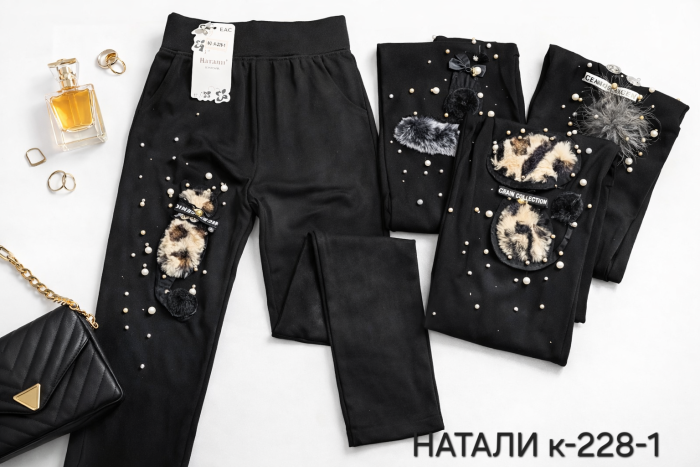 Лосини "НАТАЛІ" к-228-1 безшовні +з одного боку пухнастий котик +перлини р. 44-48 -(чорні)