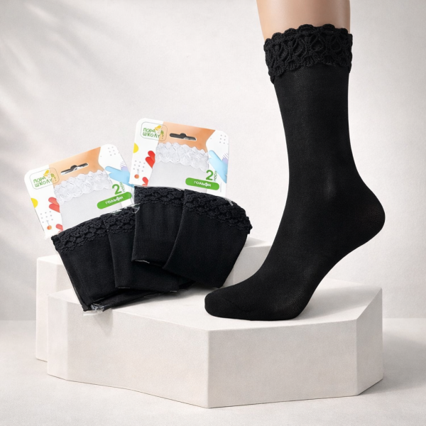 Гольфи дитячі /підліткові "Пора в школу" арт.0088-1 капронові в мікросіточку з рюшею -(гольфи чорні -в уп- 2 пари)