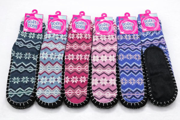 Шкарпетки домашні "Soft & cosy" G-035 подвійні +на підошві силіконові гальма, р. 36-41 -асорті -(Високі в'язані з орнаментом та чорною підошвою) -уп.  12 шт