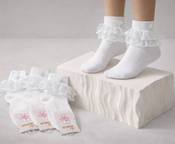 Шкарпетки "AMANECER" Y-620 стрейч /бамбук дитячі на розмір за довжиною стопи: 20-22 -(Білі з рюшами +збоку на трикотажній гумці прикраса з бусинкою) -уп. 12 шт
