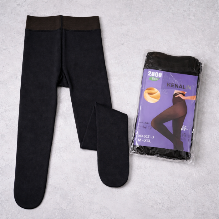 Колготки "Kenalin" 6031-3 на хутрі до стопи з імітацією капронових та з ефектом голих ніжок, щільність 2800D, р. М-2XL -(46-50 /2 шва) -(чорні)