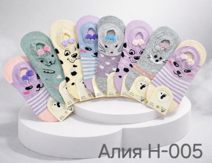 Шкарпетки "Алия" Н-005 стрейч жіночі, р. 35-40 -випадкове асорті -(Короткі на планшеті /Мікс різних мордочек тварин з вушками і з міксом різних візерунків -Без вибору упаковок!) -уп. 10 шт