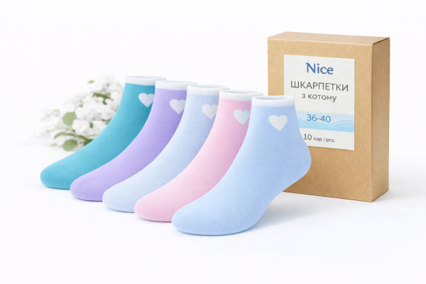 Шкарпетки "Nice" 500-S-COT махрові котонові жіночі, р. 36-40 -асорті -(Махра -укорочені /однотонні -кольорові +на гумці обідок з норки +збоку біле серце) -уп. 10 шт