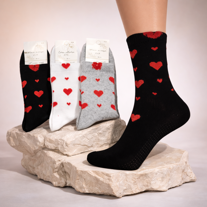 Шкарпетки Житомир "КОІ-Жіноча колекція" 123-80 стрейч жіночі, р. 36-41 -асорті -(Високі / +на гумці в рубчик різні червоні серця) -уп. 12 шт