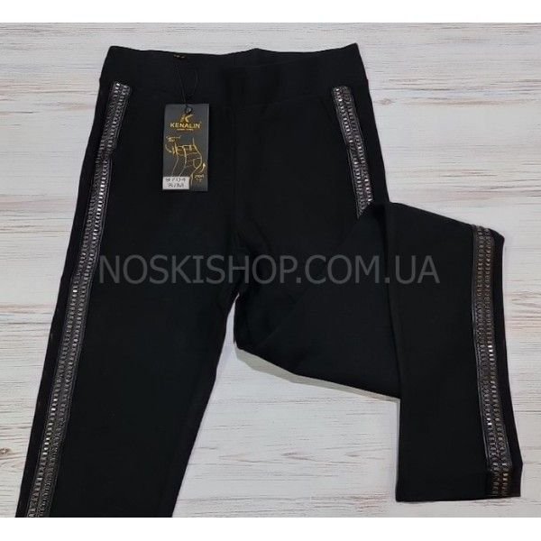 Лосини брючні "KENALIN" 9704 зі щільного стрейч котону + з боків шкіряні лампаси з декором + спереду кишені, р. S/м-(42-44) -(чорні)