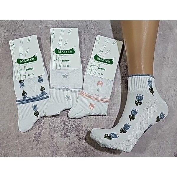 Шкарпетки Житомир "Master" 931-22 бамбук стрейч жіночі, р. 23-25 -(білі - середня гумка +рельєфний візерунок із синіми / сірими / рожевими квіточками та обідком) -уп. 12 шт