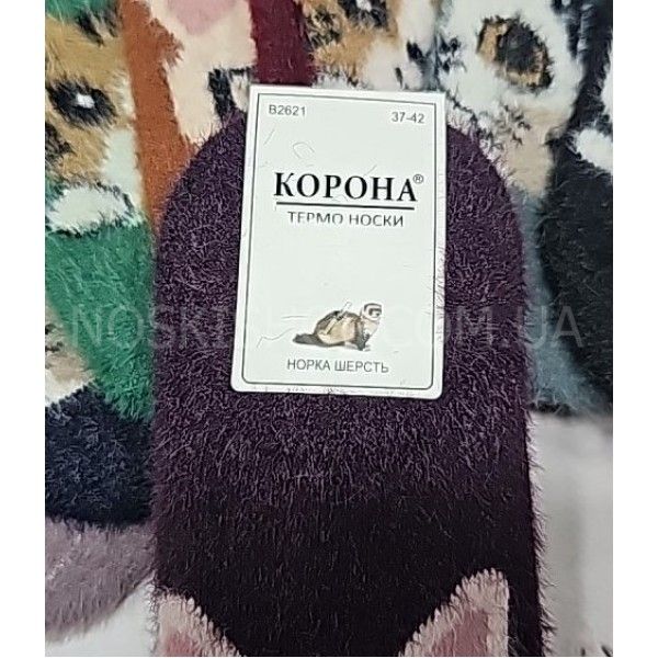 Шкарпетки-сліди "КОРОНА" 2621-1 термо норка-кашемір із силіконом на п'яті, жін, р. 37-42 -асорті -(різні мордочки котиків з великими вушками) -уп. 10 шт