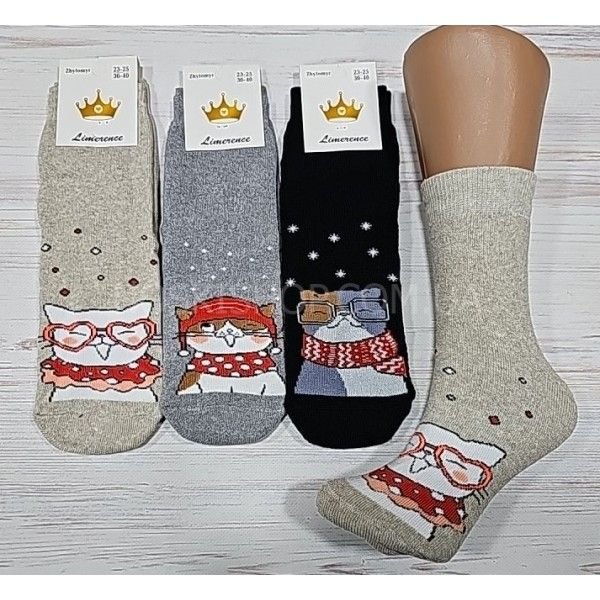 Шкарпетки Житомир "LIMERENCE" 4960-24 махрові жіночі, р. 36-40 -асорті -(Махра -мікс різних котиків в окулярах і шарфиках) -уп. 12 шт