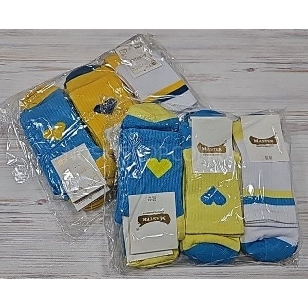 Шкарпетки Житомир "Майстер" 204-8 бавовна-стрейч жін. "Теніс -Патріот -високі борт = Блакитні та жовті з сердечком + білі зі смужками" р. 23-25 -випадкове асорті -уп. 12 шт.