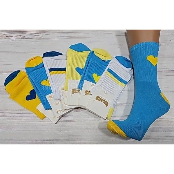 Шкарпетки Житомир "Майстер" 204-8 бавовна-стрейч жін. "Теніс -Патріот -високі борт = Блакитні та жовті з сердечком + білі зі смужками" р. 23-25 -випадкове асорті -уп. 12 шт.
