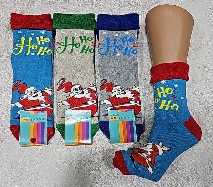 Шкарпетки Житомир "Крокус" 3372-29 махрові жіночі, р. 36-40 -випадковий мікс кольорів -(Санта +Ho-Ho-Ho/Ho /з відворотом -махра)