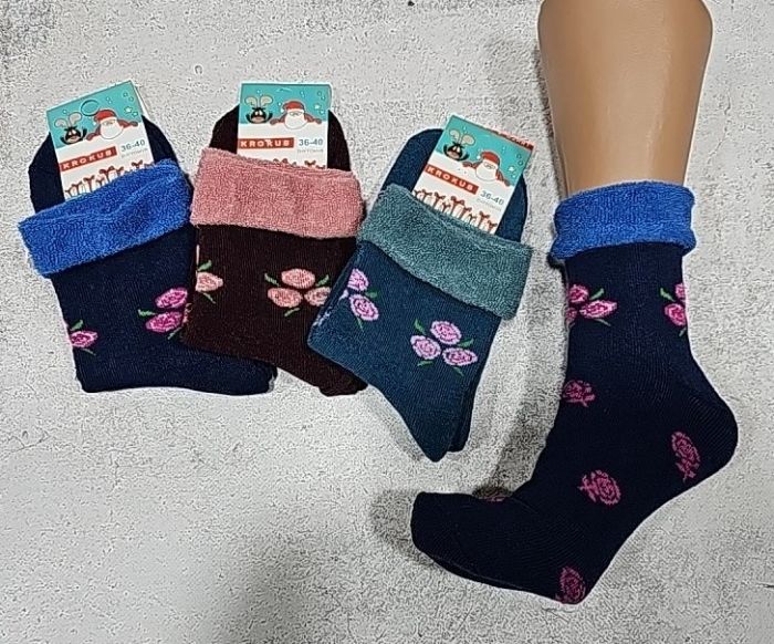 Шкарпетки Житомир "Крокус" 2524-9 махрові жіночі, р. 36-40 -випадкове асорті -(дрібні трояндочки по всій шкарпетці /з відворотом -махра)