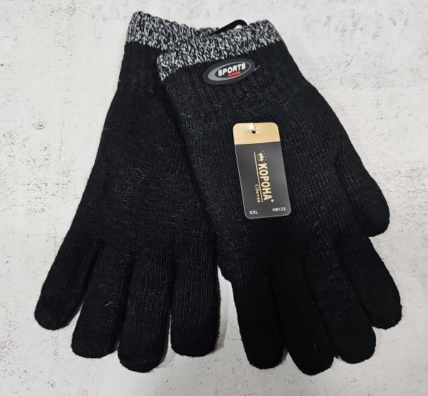 Рукавички чоловічі "Корона" 8133 -XXL подвійні на махрі -(чорні з сірою окантовкою на манжеті + емблема) -уп.12 шт.