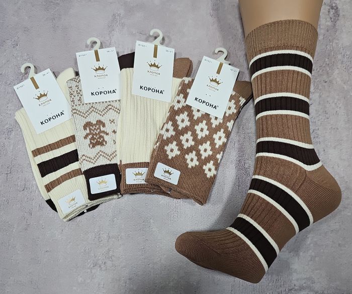 Шкарпетки "Корона" BY621-2 стрейч /cotton жін, р. 36-41 -асорті -(Високі -Молочно-кавовий мікс +мікс різних смужок +ведмедик з орнаментом +...) -уп. 10 шт.