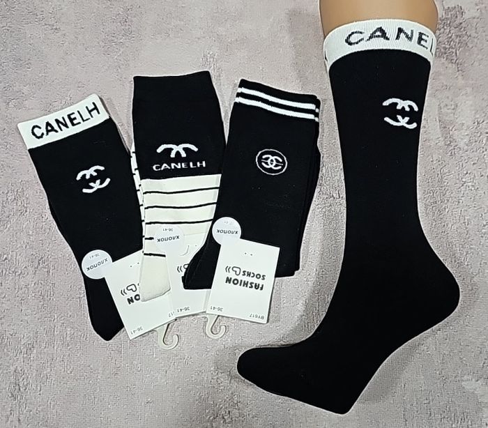 Шкарпетки "Корона /Fashion socks" BY617-4 стрейч /cotton жін, р. 36-41 -асорті -(Чорні +чорно-білий високі +полоски +значки /написи CHA..L) -уп. 10 шт.