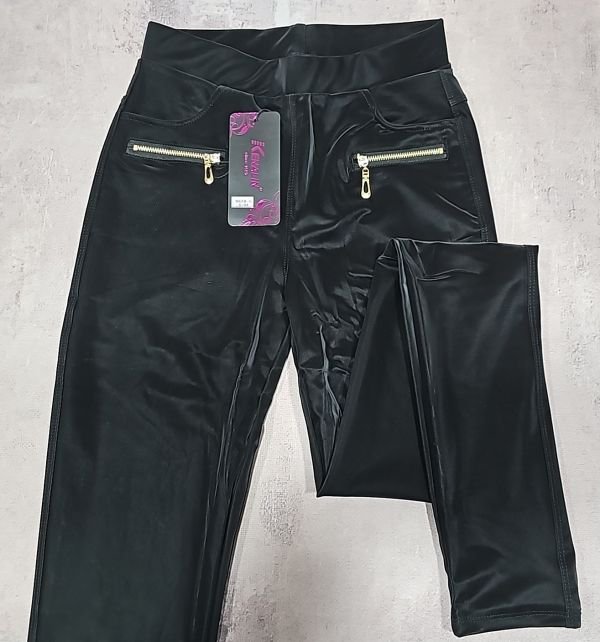 Лосини "KENALIN" 9628-5 екошкіра з ефектом блиску + спереду кишені на замочках р. S/M-(38-42) -(чорні)