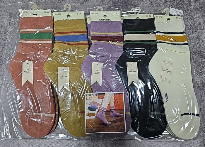Шкарпетки "Корона" ВY278-6 стрейч /cotton жіночі, р. 37-42 -асорті -(Високі /однотонні +під гумкою кольорові смужки) -уп. 10 шт