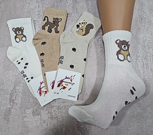 Шкарпетки Житомир "Limerence" 396-12 стрейч дитячі на розмір за довжиною стопи: 16-18, 18-20, 20-22 -(середні /кавовий мікс +на широкій гумці в рубчик левеня /білка /ведмежа -стрейч) -уп. 12 шт
