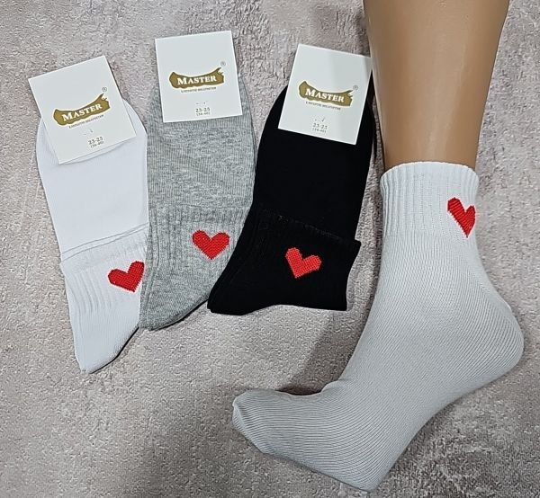 Шкарпетки Житомир "Master" 199-10 бавовна-стрейч жіночі, р. 23-25 -асорті -(Укорочені +на гумці в рубчик червоне серце -сірі /білі /чорні) -уп. 12 шт