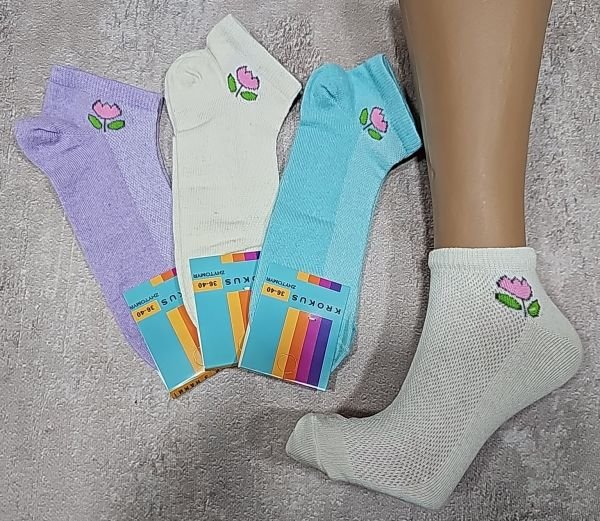 Шкарпетки Житомир "Krokus" 08-30 сітка-економ "короткі" жіночі, р. 36-40 -випадкове асорті -(сіточка-економ -короткі +під гумкою рожева квіточка з листочками) -уп. 12 шт