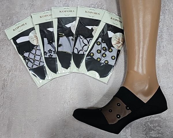 Шкарпетки-сліди "Корона" WB-0504-8 з лазерної мікрофібри +мікросітка жіночі, р. 36-41 -(чорні +спереду прозора вставка з мікс візерунками та люрексом) -уп. 12 шт