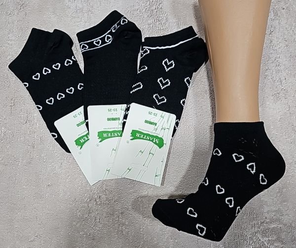 Шкарпетки Житомир "Master" 929-65 бамбук стрейч жіночі, р. 23-25 -(чорні +різний мікс білих сердець /короткі) -уп. 12 шт