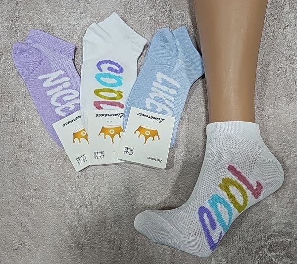 Шкарпетки Житомир "Limerence" 03-50 сітка жіночі короткі, р. 36-40 -асорті -(сіточка -однотонні + збоку написи COOL +NICE +LiKE) -уп. 12 шт