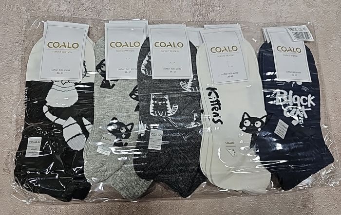 Шкарпетки "COALO" BМ-6720 стрейч /cotton жіночі, р. 36-41 -(укорочені з широкою гумкою в рубчик +мікс різних котиків) - уп. 10 шт