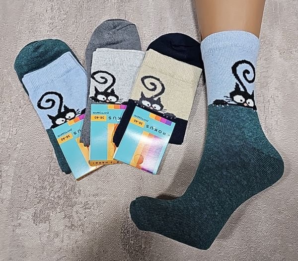 Шкарпетки Житомир "Krokus" 774-15 економ /стрейч жіночі, р. 36-40 -асорті -("економ" високі /двокольорові +під гумкою на широкій вставці котик з довгим хвостиком -високі -стрейч)