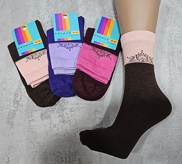 Шкарпетки Житомир "Krokus" 774-13 економ /стрейч жіночі, р. 36-40 -асорті -("економ" високі /двокольорові + під гумкою на широкій вставці напівкруглий орнамент мандала -високі -стрейч)