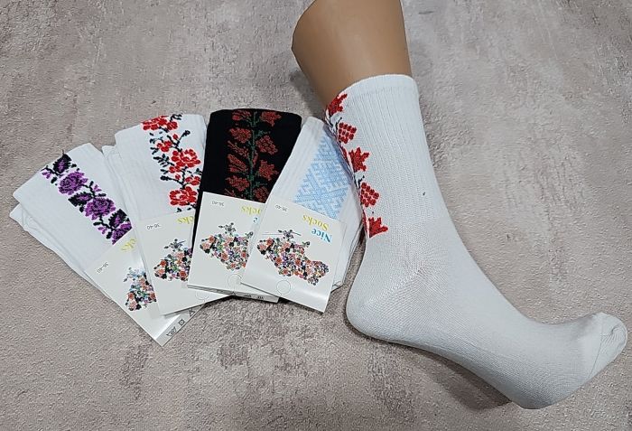 Шкарпетки "NiceSocks" 770 стрейч жіночі, р. 36-40 -(Теніс -білі +ззаду вставка мікс вишиванки) -уп. 5 шт