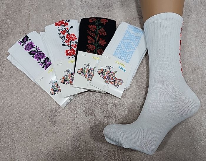 Шкарпетки "NiceSocks" 770 стрейч жіночі, р. 36-40 -(Теніс -білі +ззаду вставка мікс вишиванки) -уп. 5 шт