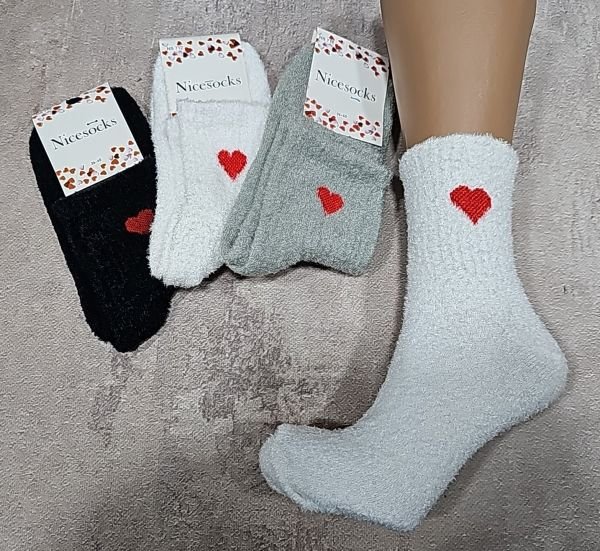 Шкарпетки "NiceSocks" 712-MIX-6-червоне-сердечко" трава-плюш жіночі, р. 36-40 -асорті -(Травка -чорні /білі /сірі +на середній гумці в рубчик червоне серце) -уп. 6 шт