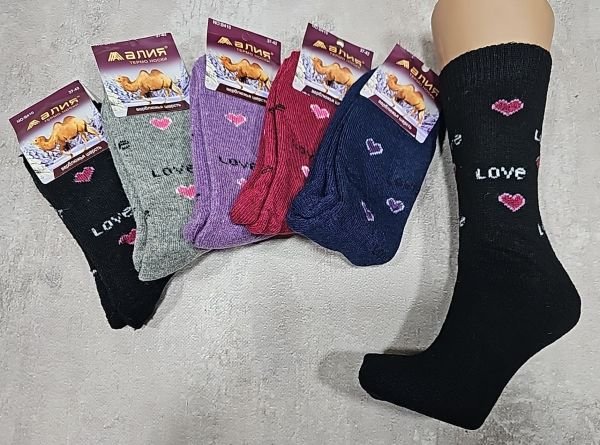 Шкарпетки "Алія" В-410-2 термо верблюжа вовна на махрі жіночі, р. 37-42 -асорті -(Однотонні з дрібними серцями +Love) -уп. 12 шт