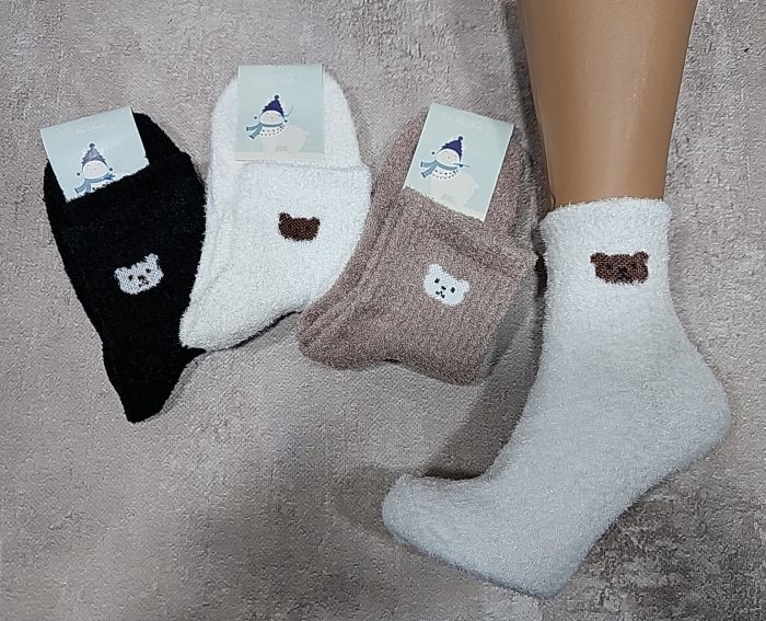 Шкарпетки "NiceSocks" 712-VED-6-ведмедик" трава-плюш жіночі, р. 36-40 -асорті -(чорні /кавові /білі +на середній гумці в рубчик маленька мордочка ведмедика) -уп. 6 шт