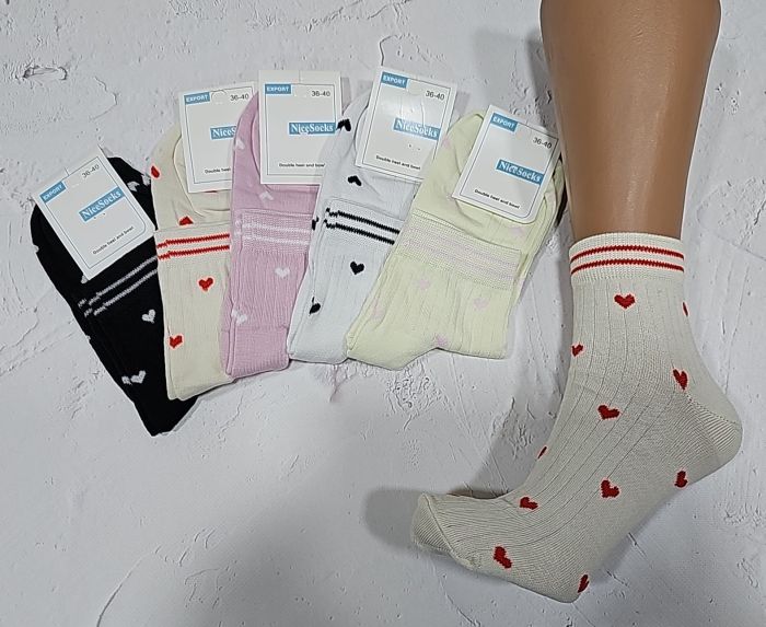 Шкарпетки "NiceSocks" 212-S стрейч жіночі, р. 36-40 -(Середні /пастельні в рубчик +маленькі серця по всій шкарпетці + на гумці смужки -стрейч) -уп. 10 шт