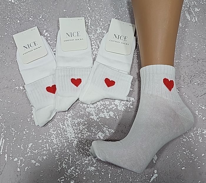 Шкарпетки "NiceSocks" 415-4-W стрейч жіночі, р. 36-40 -(Середні / білі + на широкій гумці в рубчик велике червоне серце -стрейч) -уп. 10 шт