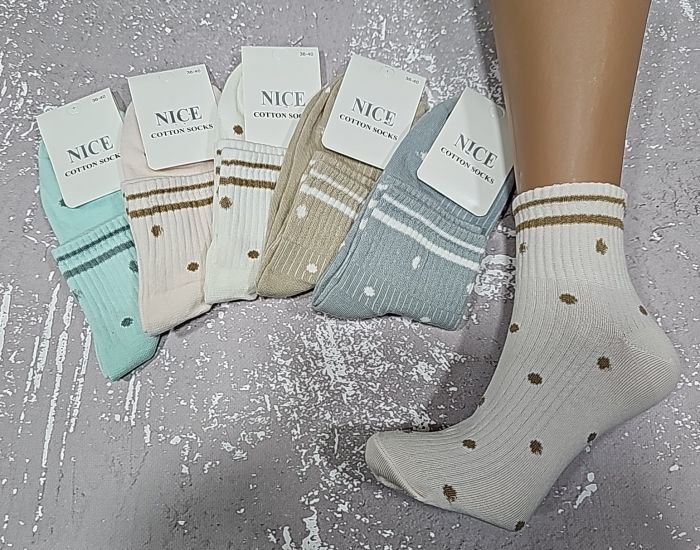 Шкарпетки "NiceSocks" 440-1 стрейч жіночі, р. 36-40 -(Середні /пастельні в рубчик +горох по всій шкарпетці +на гумці смужки -стрейч) -уп. 10 шт