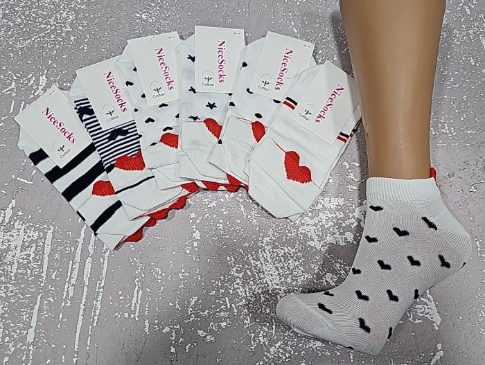 Шкарпетки "NiceSocks" 460-MIX стрейч /бавовна жіночі, р. 36-41 -(Короткі /на білому кольорі різні мікс візерунки + над п'ятою червоне серце -стрейч) -уп. 12 шт