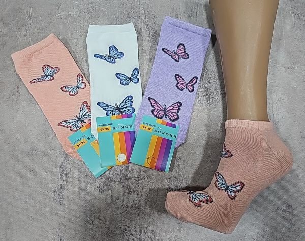 Шкарпетки Житомир "Krokus" 771-22 економ /стрейч жіночі, р. 36-40 -випадковий мікс -("економ" короткі /кольорові +великі метелики по всій шкарпетці -стрейч)