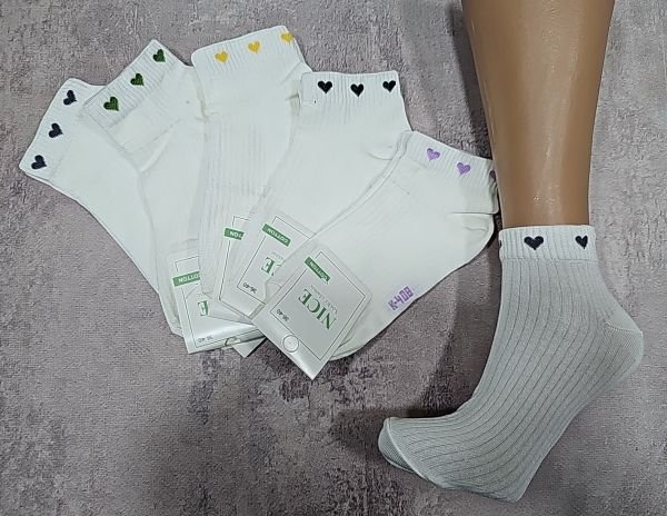 Шкарпетки "NiceSocks" К-408 стрейч /бавовна жіночі, р. 36-40 -(Короткі /молочніі в рубчик +на резинці по колу маленькі кольорові серця -стрейч) -уп. 10 шт