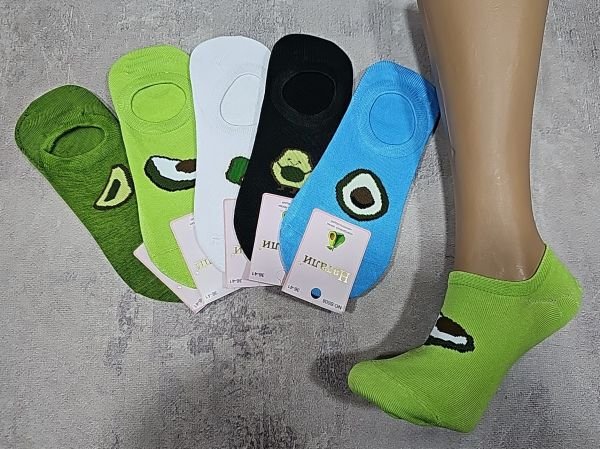 Шкарпетки-сліди "Наталі" В-008 стрейч із силіконом на п'яті жіночі, р. 37-41 -асорті -(однотонні +спереду мікс великих авокадо) -уп. 10 шт