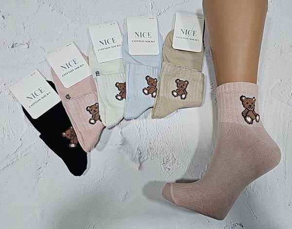 Шкарпетки "NiceSocks" 415-12 стрейч бавовна жіночі, р. 36-40 -асорті -(Середні +на гумці в рубчик ведмідь, що сидить -стрейч) -уп. 10 шт