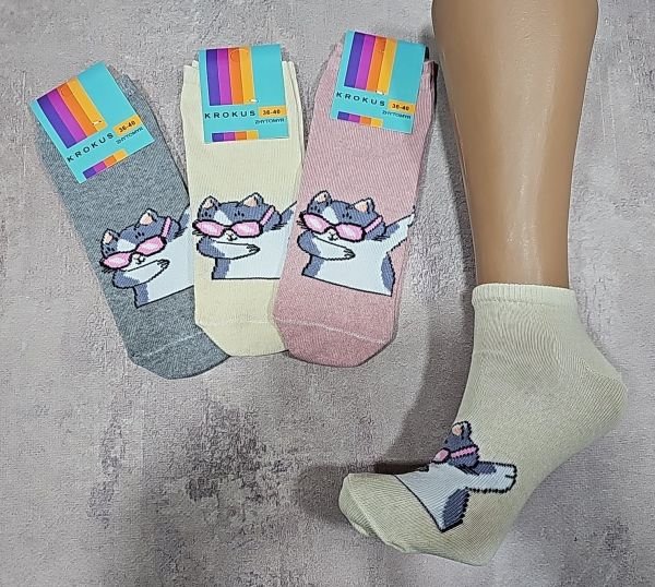 Шкарпетки Житомир "Krokus" 771-24 економ /стрейч жіночі, р. 36-40 -випадковий мікс -("економ" короткі /кольорові +спереду великий котик в окулярах -стрейч)