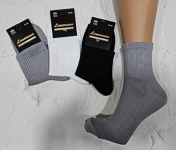 Шкарпетки Житомир "LIMERENCE LUX" 680-80 cotton /стрейч "Теніс -середні" жіночі (Узбецька бавовна), р. 36-40 -асорті -(Теніс -середні LUX /однотонні з гумкою в рубчик -сірі /білі /чорні -жін.)