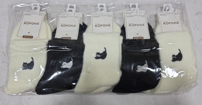 Шкарпетки "Корона" ВY-5449-6 вовна альпаки жіночі, р. 37-41 -асорті -(Чорні +білі /однотонні +на широкій рельєфній гумці вишитий котик) -уп. 10 шт