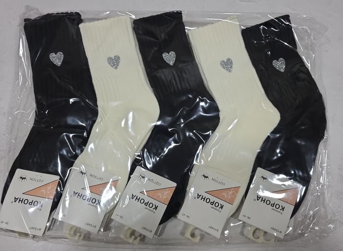 Шкарпетки "Корона" BY-5487 напівмахрові /з махровою стопою жіночі, р. 36-41 -асорті -(Високі /чорні +молочні +махрова підошва +на високій гумці в рубчик срібне серце) -уп. 10 шт